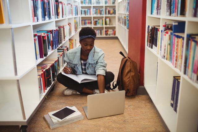Schoolgirl sitting on floor in library, using laptop and books for homework. Ideal for educational content, student life, learning resources, academic articles, and library promotions.