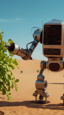 Desert exploration robot harvesting shrub leaves using robotic arm in arid dunes vertical video
