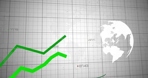 Rising green data lines charting global market growth on digital world map grid