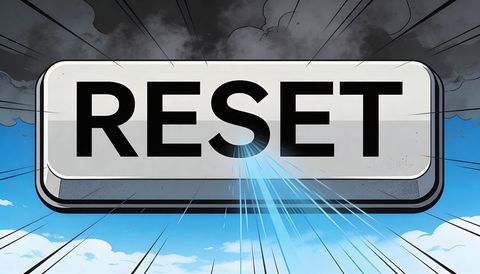 Glowing reset button dominating sky, emitting cyan beams and energetic motion lines