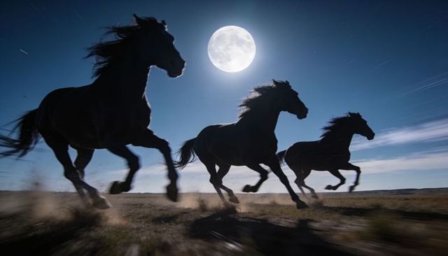 Galloping under full moon: three wild horses silhouetted on open prairie at night