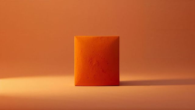 Minimalist tangerine square block casting long soft shadow on warm gradient backdrop