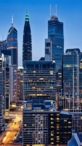 Shifting Skyscraper Cluster Revealing Lit Windows at Dusk, Vertical City Nightscape Video