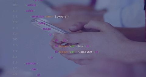 Hands holding smartphone with code overlay for cybersecurity and digital privacy concept