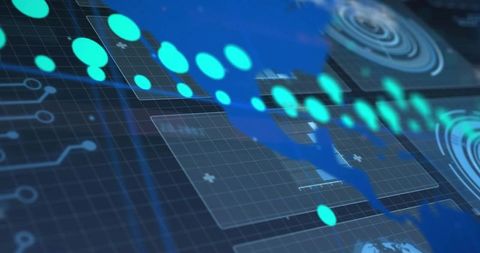 Flowing turquoise nodes crossing futuristic global data visualization hud dashboard