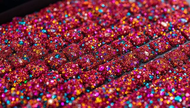 Glittering fuchsia rhinestone mosaic reflecting rainbow light for fashion beauty backgrounds