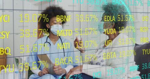 Nurse Consulting Senior Patient with Health Data Overlay