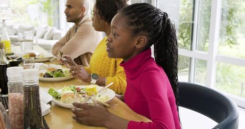 African American family enjoying sunny indoor lunch at wooden table with garden view