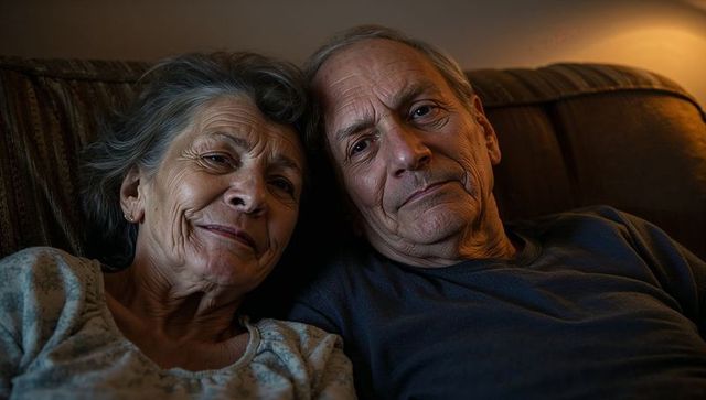 Senior couple relaxing on sofa at night with warm lamp glow, cozy intimate moment