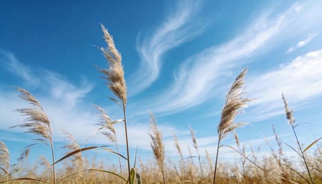 Swaying pampas grass and reeds against vibrant blue sky with wispy cloud streaks