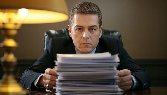 Executive reviewing large stack of documents at desk, serious corporate leader portrait
