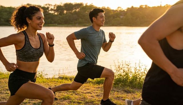 Sunset lakeshore group running with wrist trackers and athletic apparel for active wellness