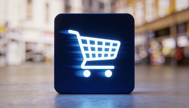 Glowing shopping cart icon on dark-blue tile showing motion blur for e-commerce and retail