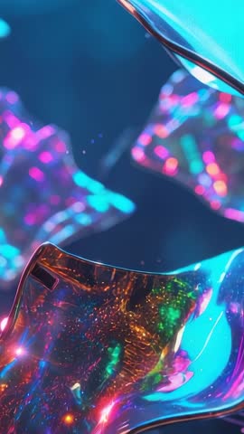 Vertical Abstract Iridescent Glass Ribbons Rotating in Neon Blue Void Futuristic 3D Loop