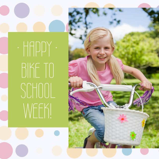 Digital portrait of cute smiling caucasian girl riding bicycle, happy bike to school week text. Copy space, benefit of cycling, encourages healthy habit, celebration, environment conservation.