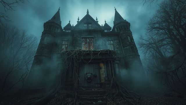 Spooky Gothic Mansion in Mysterious Forest Mist