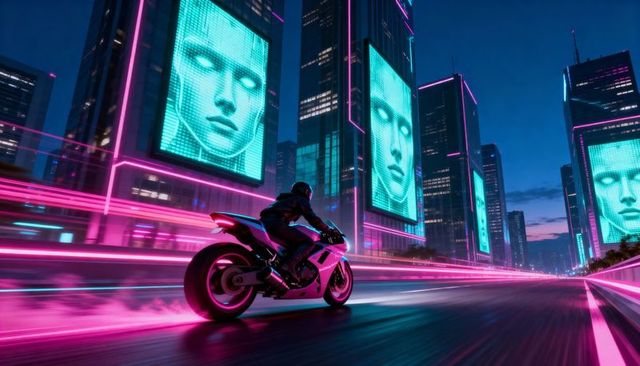 Neon cyberpunk motorcyclist racing through futuristic city with ai digital billboards