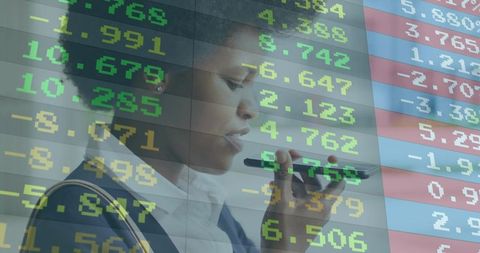 Businesswoman speaking into smartphone overlaid with stock market tickers, double exposure