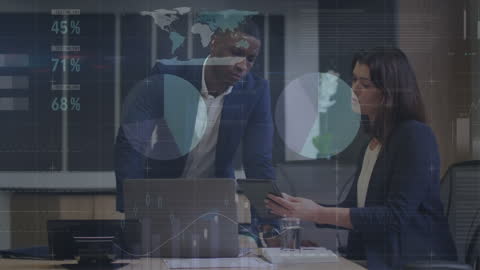 Diverse Business Team Analyzing Digital Data Interfaces in Office