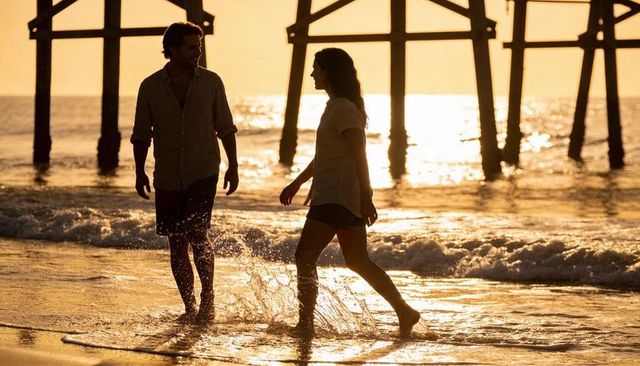 Couple walking and splashing at golden sunset under pier silhouette seaside romance
