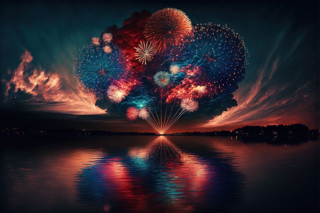 A mesmerizing display of colorful fireworks reflects over a calm lake at night. The sky is filled with various hues, creating a vibrant celebration atmosphere. Ideal for use in holiday promotions, festive event posters, and celebratory marketing campaigns.