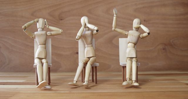 Wood Mannequins on Chairs Depicting See No Evil, Hear No Evil, Speak No Evil - Download Free Stock Images Pikwizard.com