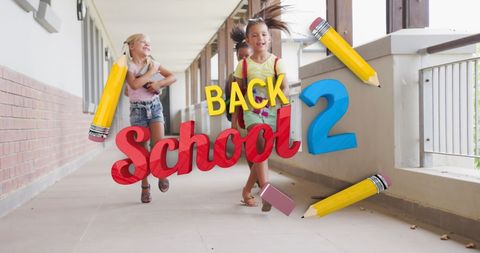 Happy children running in school corridor with back to school concept