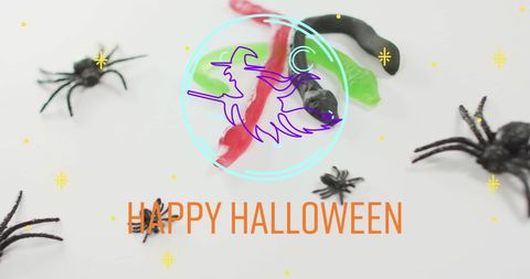 Vibrant Halloween Greeting with Neon Witch and Spooky Elements