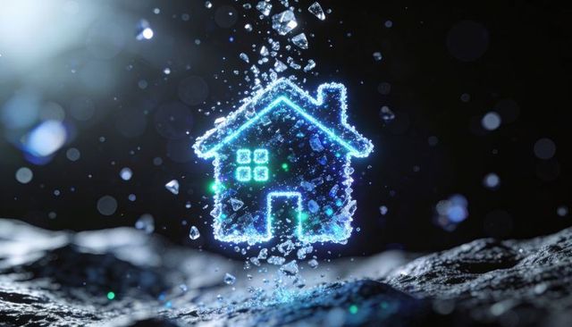 Crystal neon house icon hovering over wet rock, futuristic smart home energy concept design