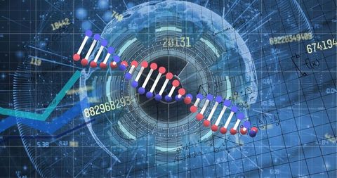 Futuristic digital dna with data, math equations on blue background