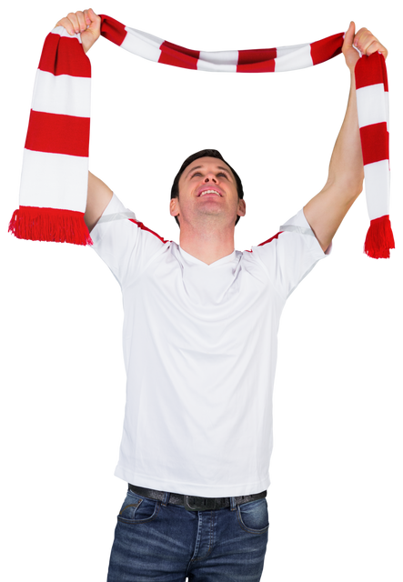 Cheering Football Fan Holding Red and White Striped Scarf Transparent Background - Download Free Stock Videos Pikwizard.com