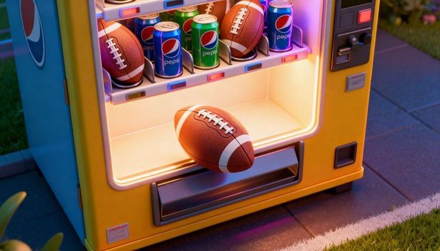 Neon yellow vending machine ejecting football while displaying pepsi cans on pavement