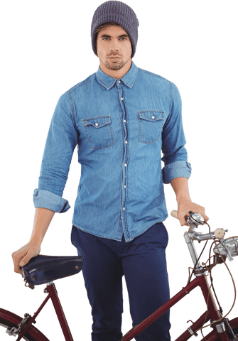 transparent hipster standing with bicycle wearing denim and knit hat - Download Free Stock Videos Pikwizard.com