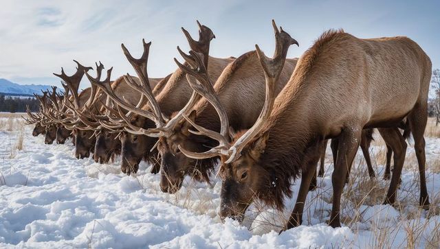 Bull elk grazing in snowy meadow with majestic antlers and mountain backdrop