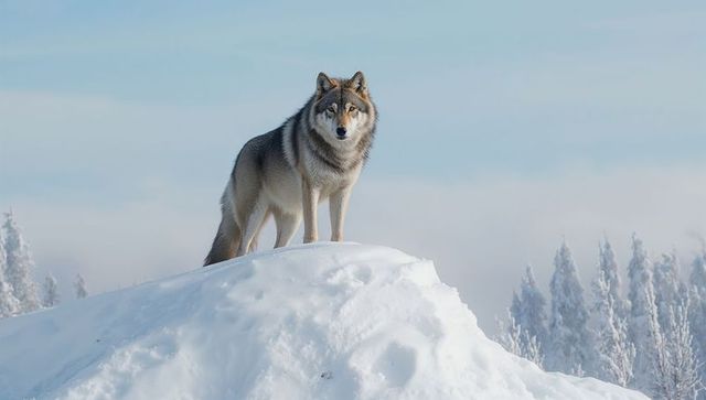 Majestic gray wolf standing on snowy ridge under pale winter sky with frosted conifers