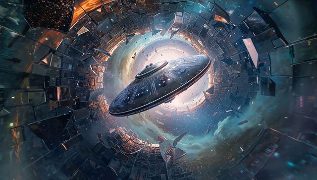 Futuristic spaceship navigating energy vortex in metallic tunnel