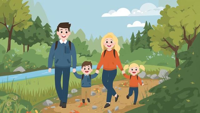 Happy family hiking on forest trail holding hands by mountain stream