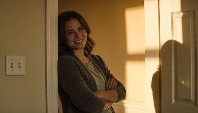Sunlit smile: midlife brunette leaning in doorway, smiling in casual cardigan