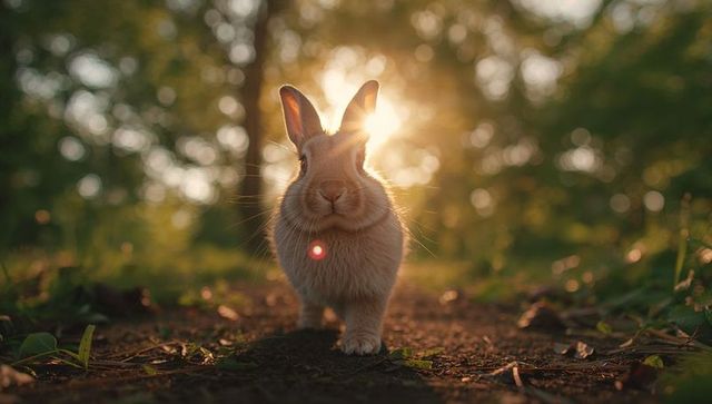 Curious Rabbit Walking Toward Viewer on Backlit Forest Path at Golden Hour
