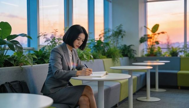 Asian businesswoman writing in notebook at modern office lounge during sunset, focused