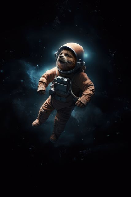 An otter dressed in a space suit floating in the expanse of outer space surrounded by galaxies and stars. Cute and whimsical with a surreal touch, suitable for use in children's illustrations, fantasy-themed projects, adventure stories, or creative advertisements.