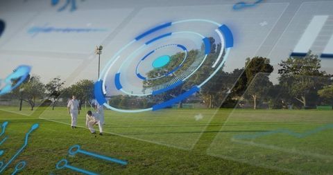 Cricket fielding team on grassy outfield with hud overlay for sports performance analytics