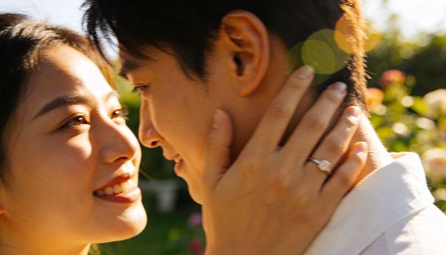 Young couple sharing intimate engagement moment showing diamond ring in garden golden hour