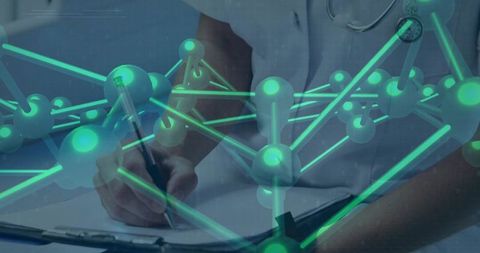 Clinician writing patient notes with molecular network overlay representing biomedical data