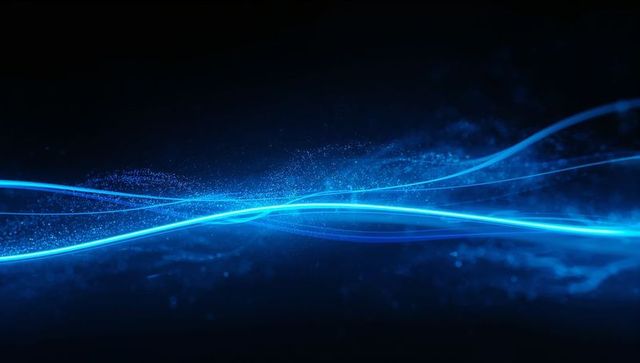 Cyan light ribbons flowing across dark digital void with neon particles and motion glow