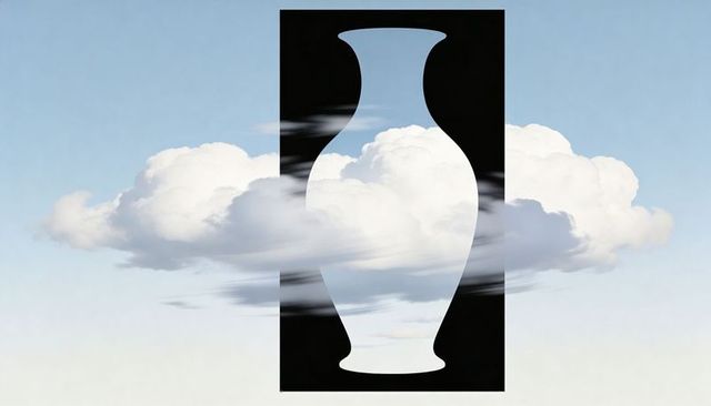 Floating negative-space vase cutout framing cloudscape surreal minimalist concept
