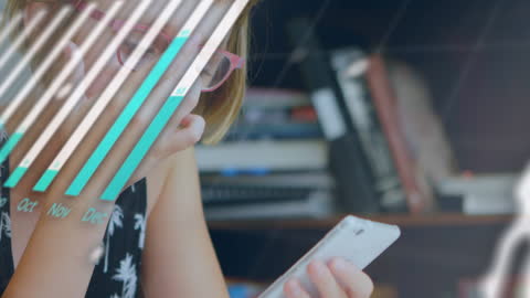 Animated Data Overlaid on Businesswoman Using Smartphone in Office