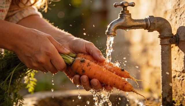 Hands rinsing fresh garden carrots under outdoor faucet during golden hour, water droplets
