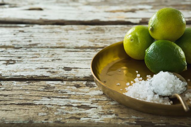 Close-up of salt and lime in a plate