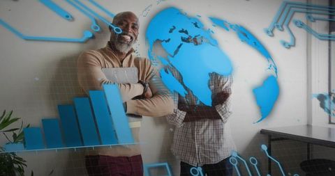 Business Professionals in Futuristic Office with Holographic Elements